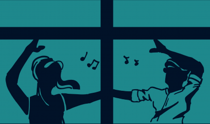 Illustration zum Boku Ball 2026 - tanzendes Paar in einem Fenster